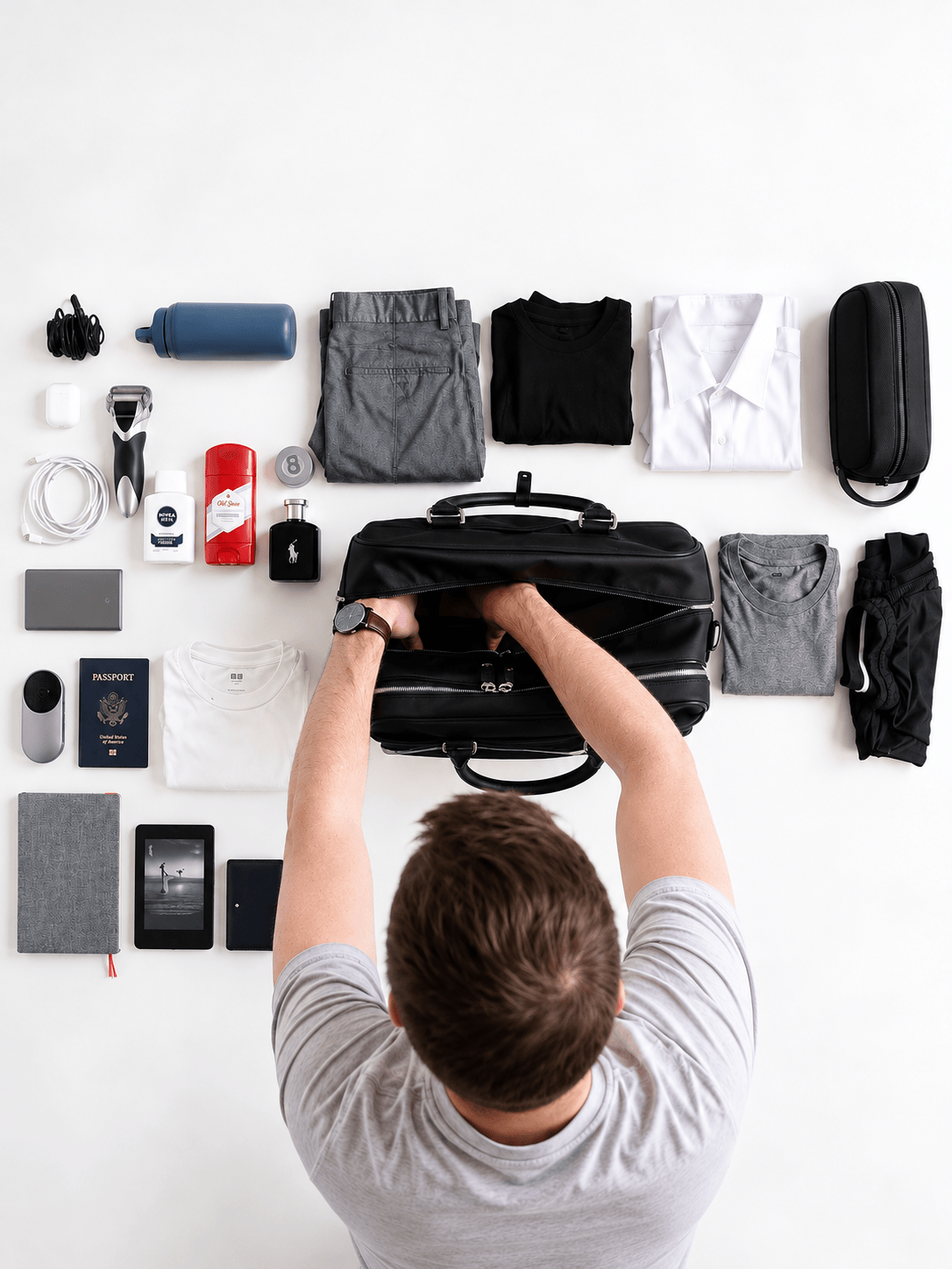 The black Kennedy Weekender open, packed with clothes and shoes